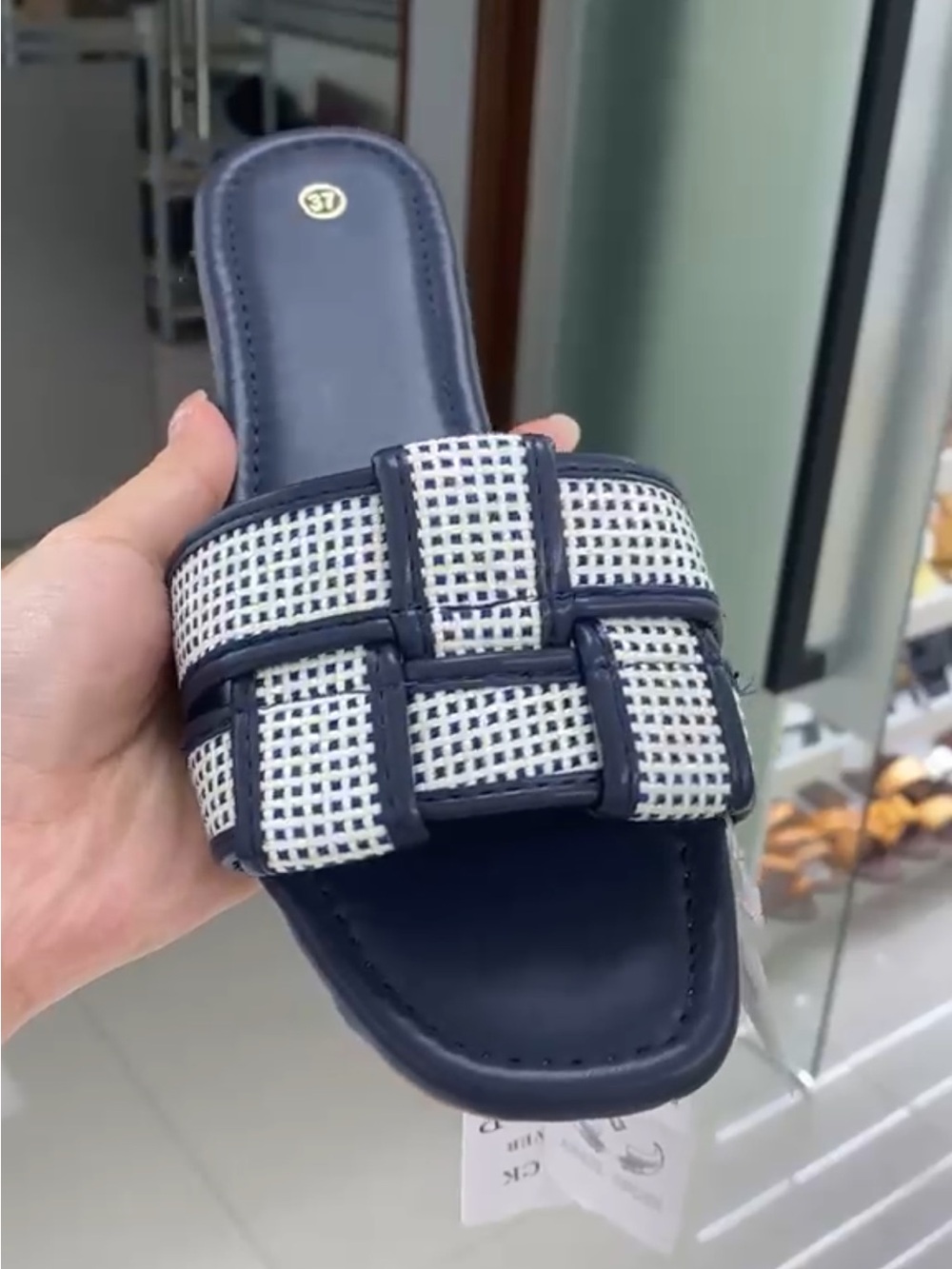 Woven Navy and White Slide Sandal - Women